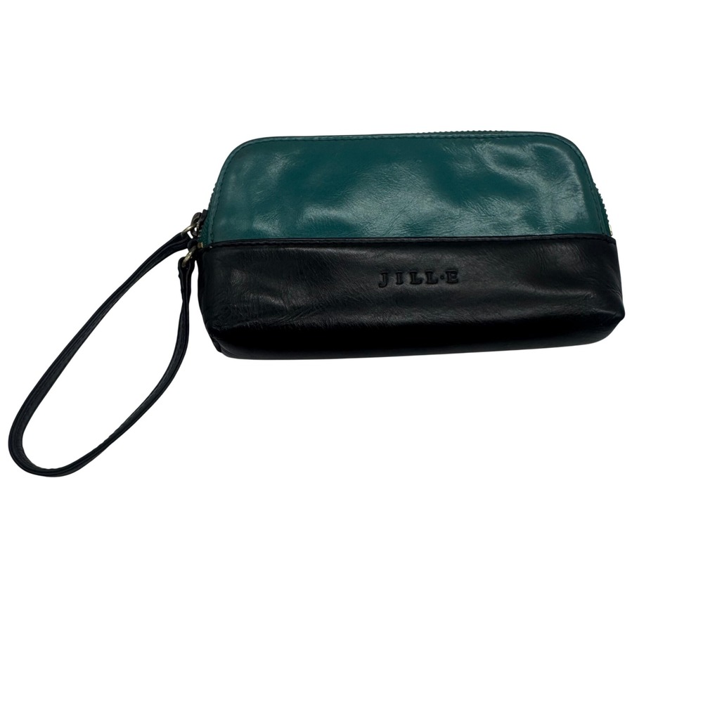 Jill-E Two Tone Leather Wristlet Clutch Teal Black Zip Top Wallet Pouch 7"X4"X1"